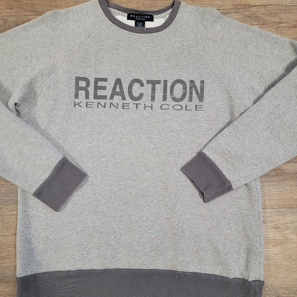 Reaction Kenneth Cole Crew Neck Sweatshirt Gray Spellout Logo Men's Medium